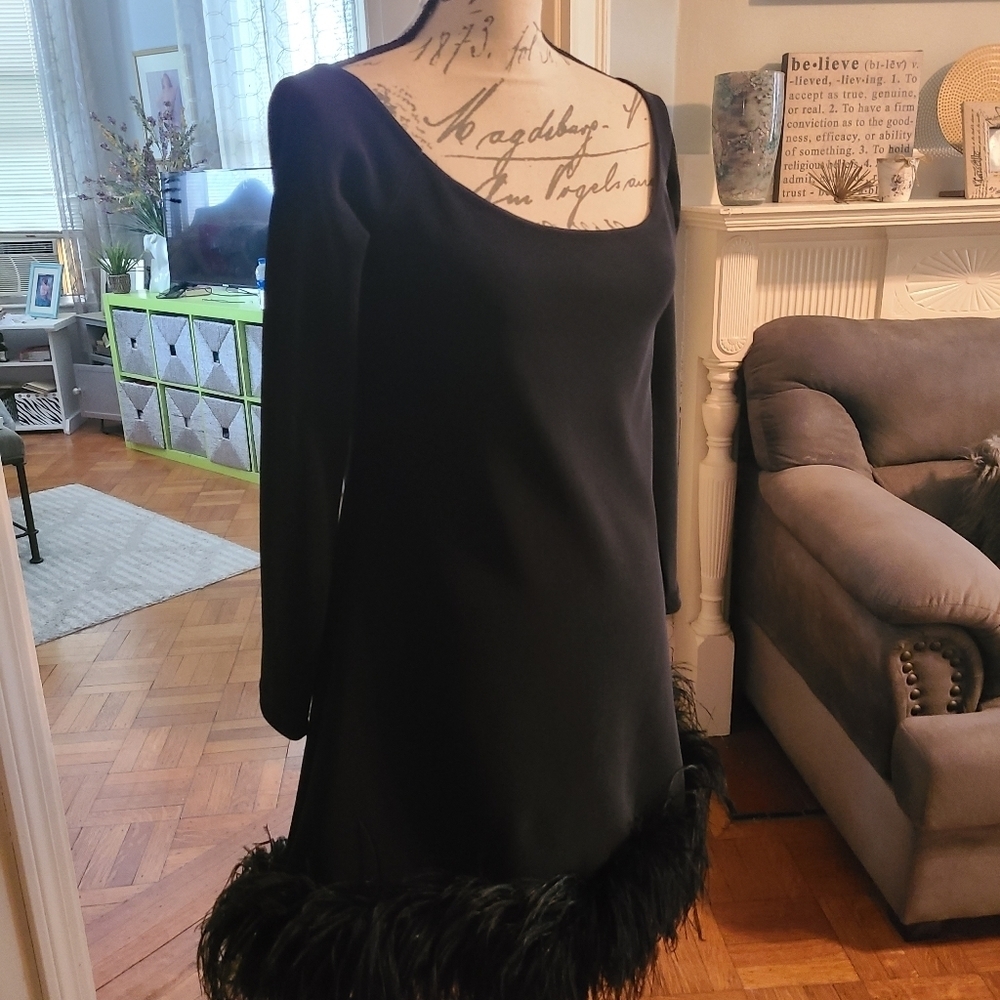 A.B.S Stunning Dressy Little Black Dress w Ostrich Feathers on Bottom hp 13x🔥🔥 - Picture 9 of 16